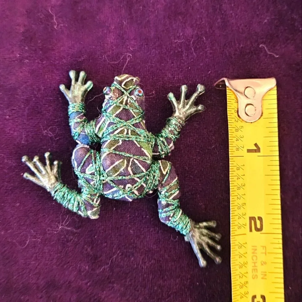 Unique Fabric Frog Brooch pin with Green and Purple Accents